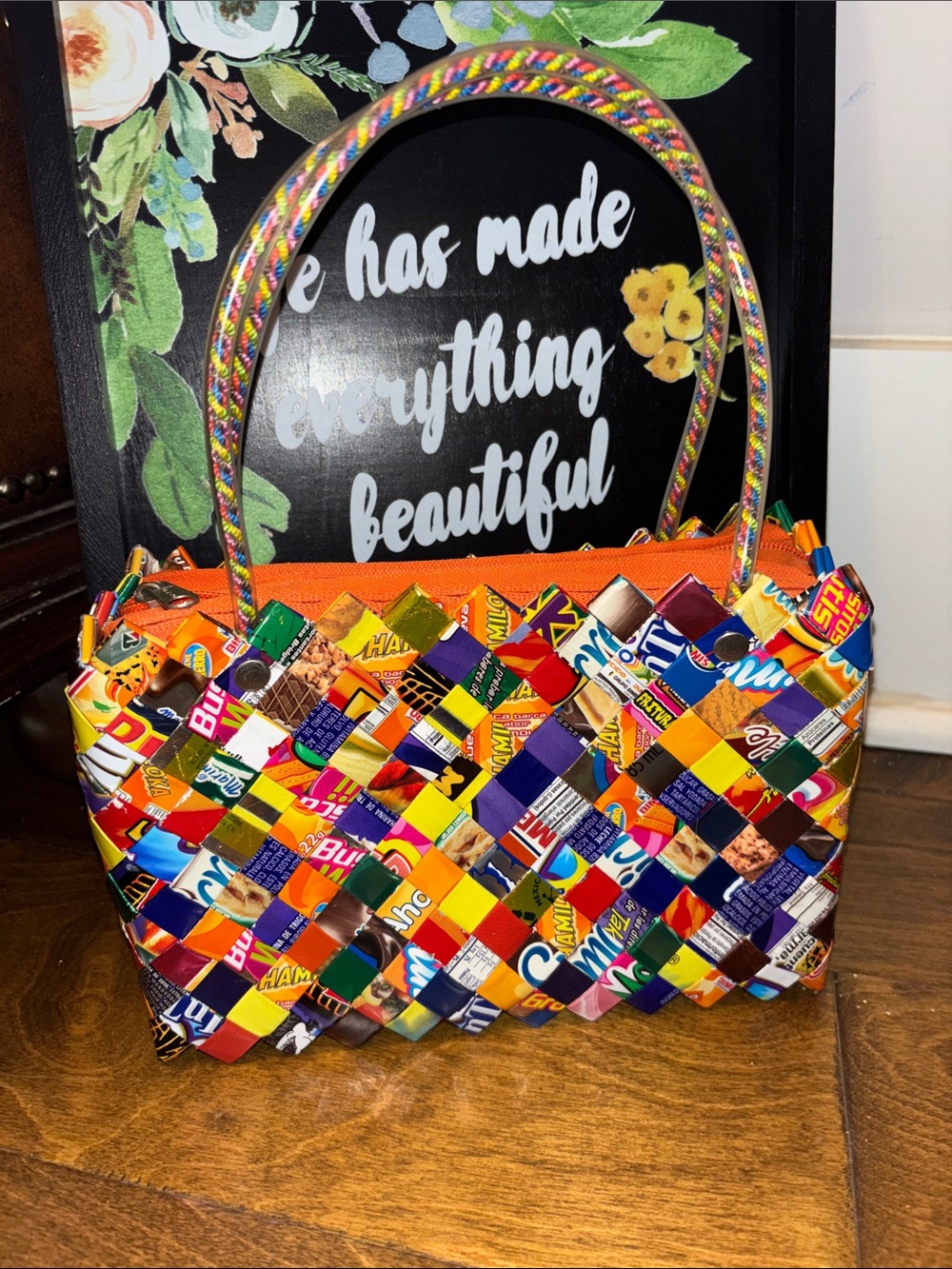 Vtg Handwoven Multicolor Recycled Snack Wrapper Hand Bag - Picture 9 of 14